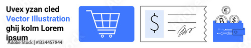 Shopping cart icon, payment invoice, and digital wallet filled with coins. Ideal for e-commerce, transactions, online payment, retail platform, mobile banking, financial apps simple landing page