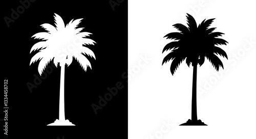 Tropical Contrast: A striking silhouette of a palm tree, presented in both black and white, symbolizing duality and the serene essence of tropical landscapes. 
