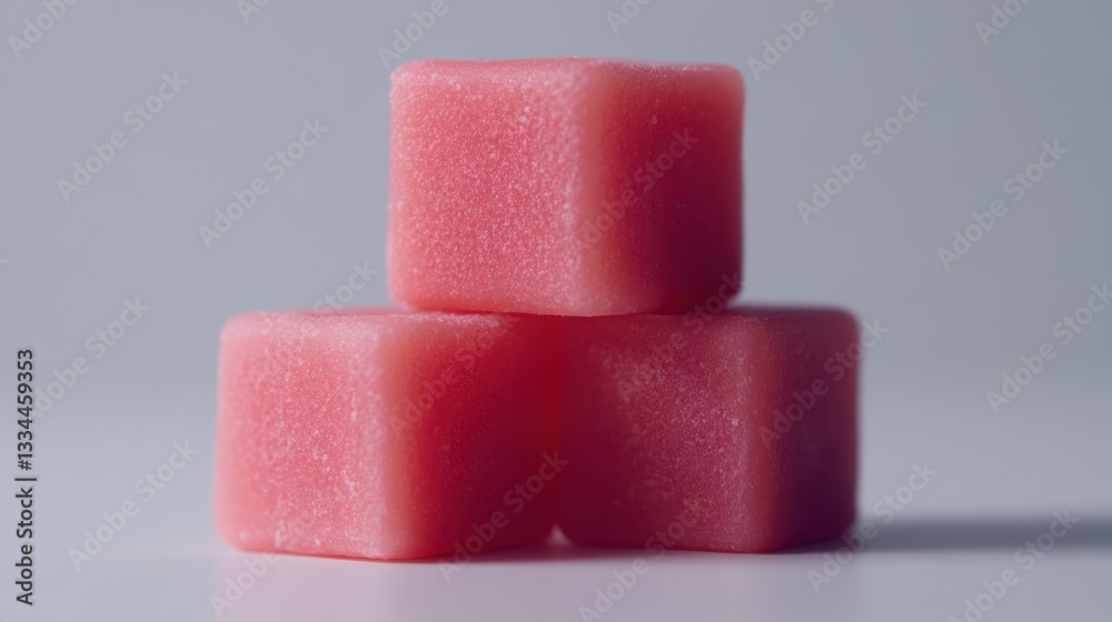 Three Pink Sugar Cubes Stacked on a Soft Gray Background Three Pink Sugar Cubes Stacked on a Soft Gray Background