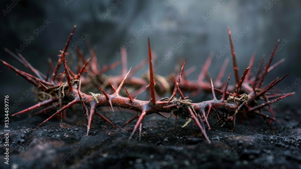 Fototapeta premium Close-up of a woven crown of thorns on rough, dark ground with an out-of-focus background, symbolizing suffering and sacrifice