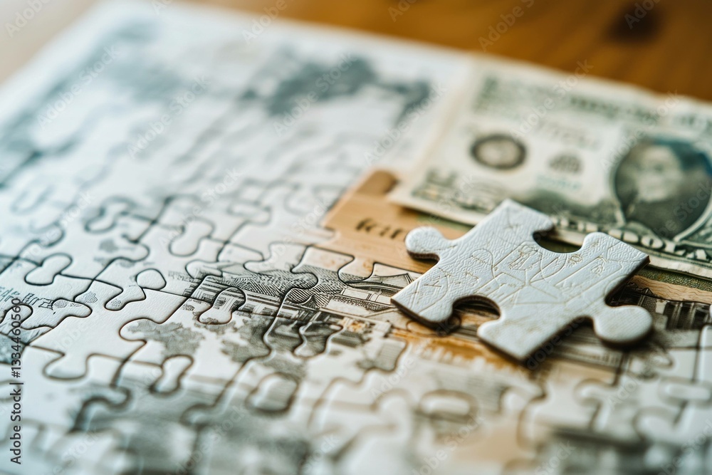 A close up view of a jigsaw puzzle piece fitting into a financial concept, symbolizing investment and finance with currency notes A close up view of a jigsaw puzzle piece fitting into a financial concept, symbolizing investment and finance with currency notes