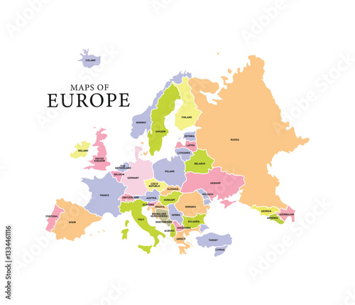 Europe map with coloured countries outline for presentations, posters, infographics. Europe with a political map. Europe map infographic. Slide presentation. Global business marketing concept. 