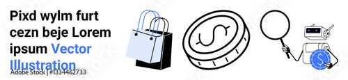 Shopping bags, currency coin, magnifying glass, and surveillance camera represent e-commerce, security, and digital transactions. Ideal for online shopping, finance, digital marketing data analysis