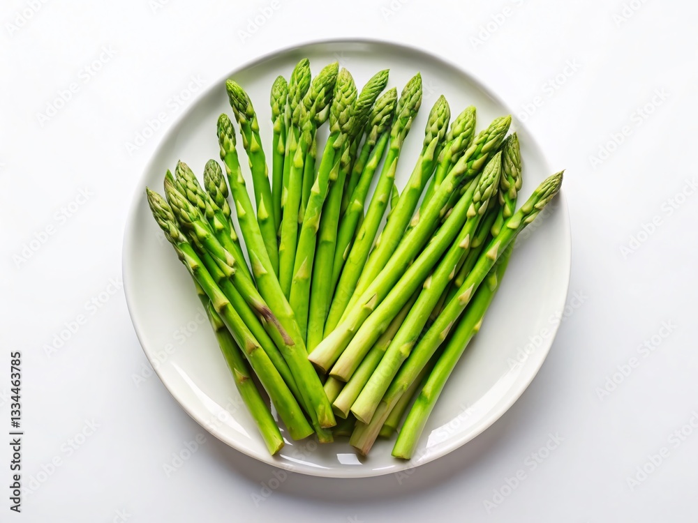 Fresh Green Asparagus on White Plate, Top View Panoramic Stock Photo Fresh Green Asparagus on White Plate, Top View Panoramic Stock Photo