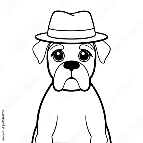 a boxer dog wearing a hat, illustrated in black and white, is looking at the camera