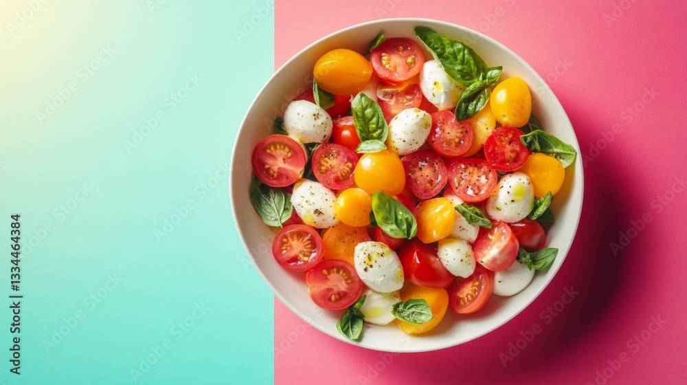Colorful salad with cherry tomatoes, mozzarella balls, and fresh basil on a vibrant background Colorful salad with cherry tomatoes, mozzarella balls, and fresh basil on a vibrant background