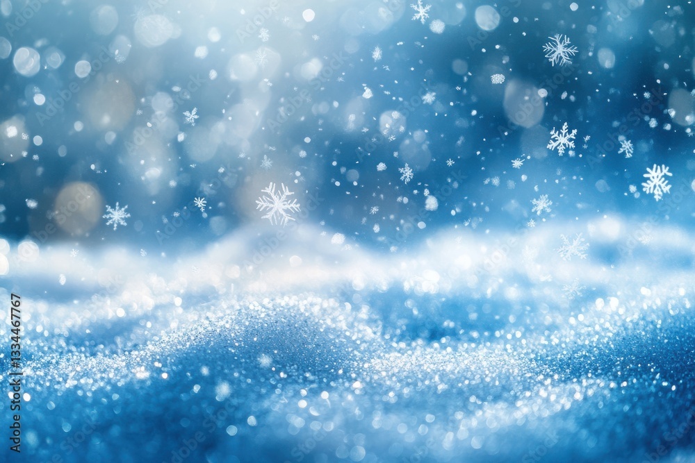 Obraz premium Sparkling Winter Snowflakes Falling on Blue Glitter Snow,