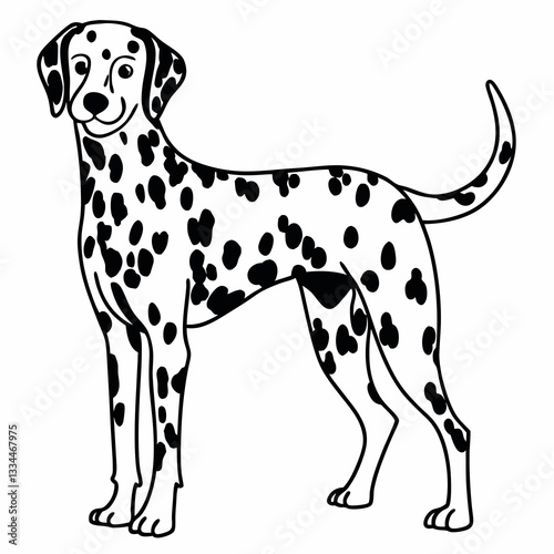 a drawing of a dalmatian with a unique black and white spots pattern standing in side view. The dog is drawn with a friendly expression.