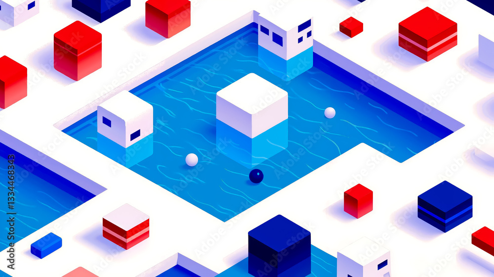Obraz premium An illustration of a pool surrounded by cubes and balls