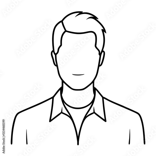 a line art illustration of a person featuring an outline of a man's head, shoulders, and torso. The individual is depicted wearing a collared shirt. 