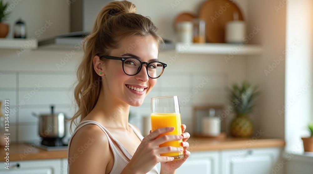 photo of a beautiful young woman with a warm and inviting smile, wearing trendy glasses perched on the end of her nose, holding a tall glass of freshly squeezed pineapple juice in a sleek and modern k photo of a beautiful young woman with a warm and inviting smile, wearing trendy glasses perched on the end of her nose, holding a tall glass of freshly squeezed pineapple juice in a sleek and modern k