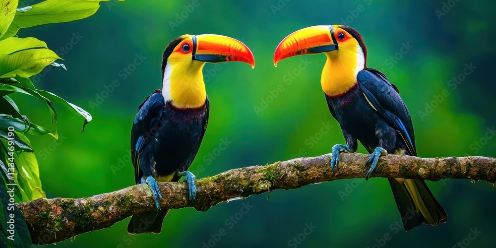 Obraz premium Two birds are perched on a branch, one of which is yellow