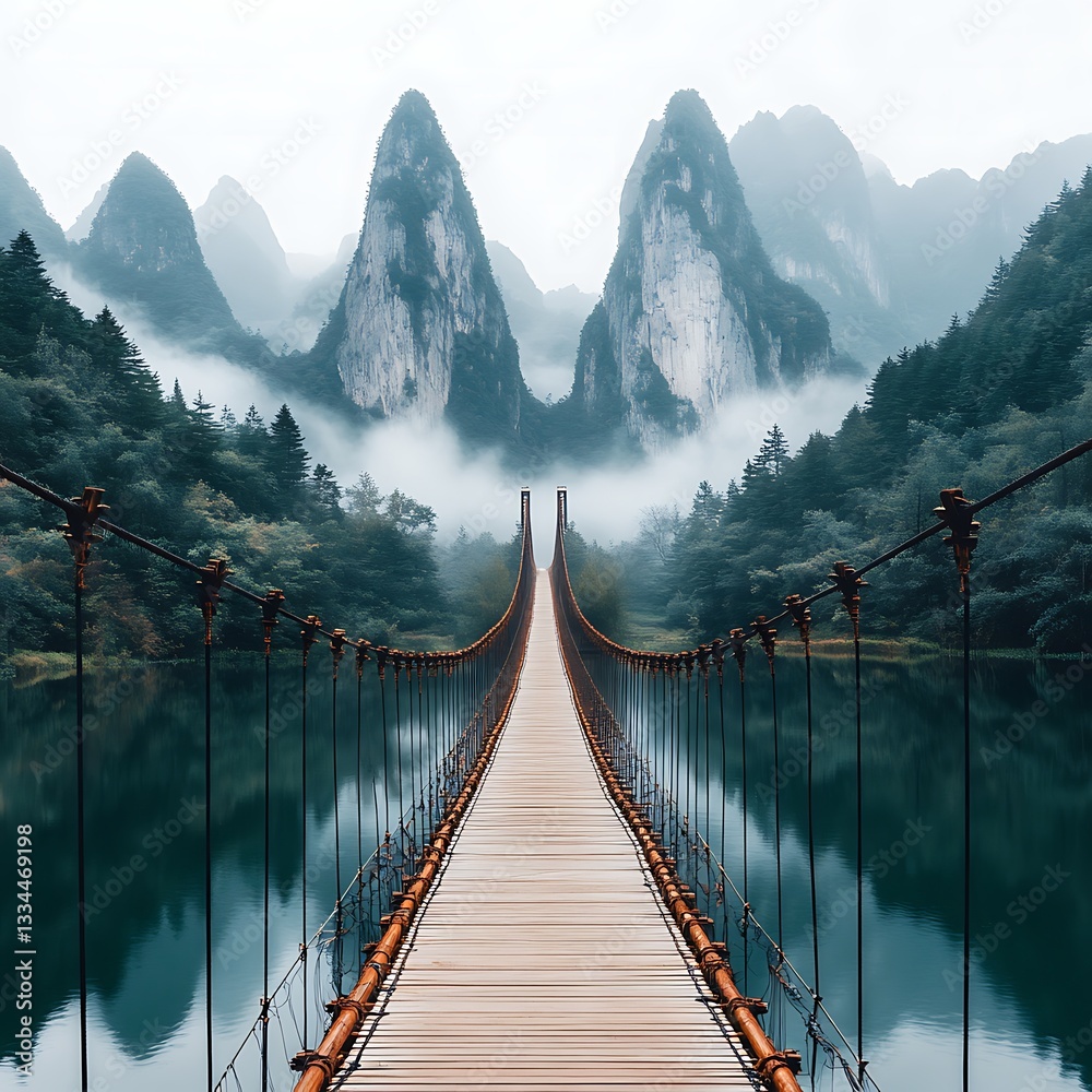 Fototapeta premium Suspension Bridge Across Calm Waters Reflecting Majestic Peaks and Misty Mountain Range in Serene Landscape