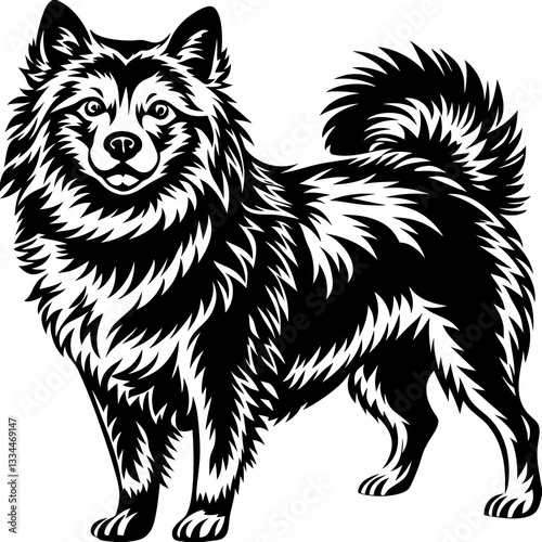 a black and white illustration of a charming dog with fluffy fur standing proudly