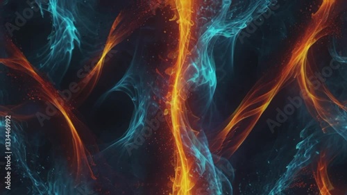 A dynamic and energetic visual abstraction, with a contrasting mix of blue and orange. The two colors form a smoke-like or liquid pattern that moves and interacts with each other on a dark background.