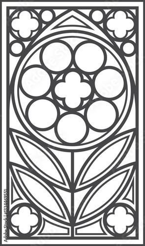 Church window with arched frame. Cathedral gothic stained glass. Old architecture element. Medieval castle door silhouette. Catholic interior decoration.