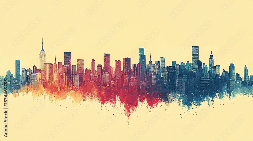 Obraz premium Abstract Artistic Illustration of a Colorful City Skyline at Sunset with Vibrant Hues