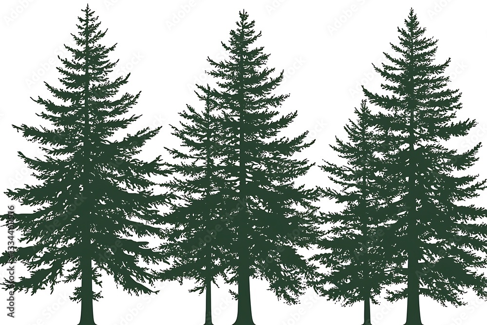 Fototapeta premium Three silhouetted evergreen trees are shown in a forest design