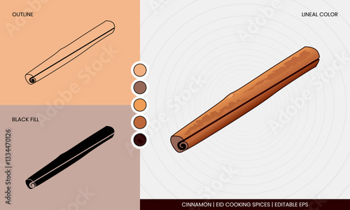 Cinnamon Vector Icon Sheet in realistic or lineal color, outline, and black fill or silhouette. Editable design element of Eid Cooking Spices. Perfect for education or business. Kayu Manis.