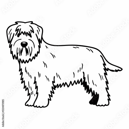 a cartoon illustration of a Wheaten Terrier dog standing. The dog has a shaggy coat, cute expression and upright posture.