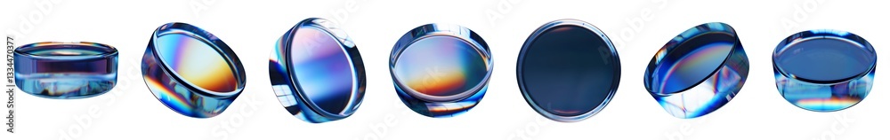 Set of 3d transparent glossy disk with dispersion effect. Rainbow colors reflection glass. 3d glass disk box with crystal dispersion effect. Abstract empty glassy square with prism holographic	