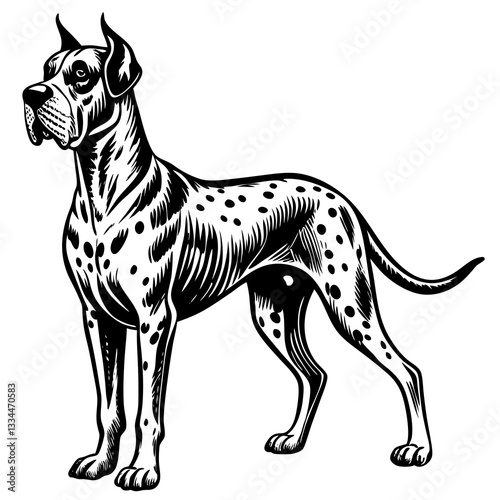 a great dane dog in an illustration posing proudly. the dog features black and white colors, with an attentive expression