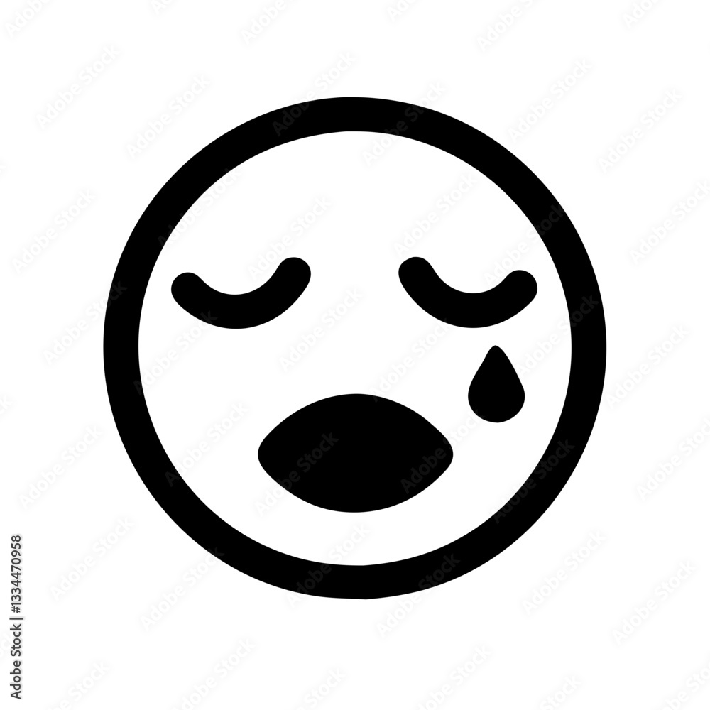 Black sad face icon with tear on white background for sadness and emotional expression concept Black sad face icon with tear on white background for sadness and emotional expression concept