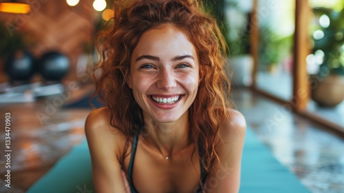 Happy Woman Lying on a Yoga Mat Smiling While Exercising and Working Out in a Gym