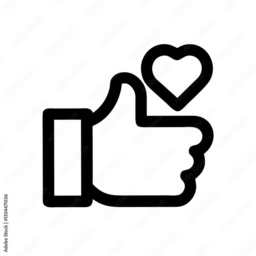 Black thumbs-up with heart icon silhouette on white background for positivity and approval concept Black thumbs-up with heart icon silhouette on white background for positivity and approval concept