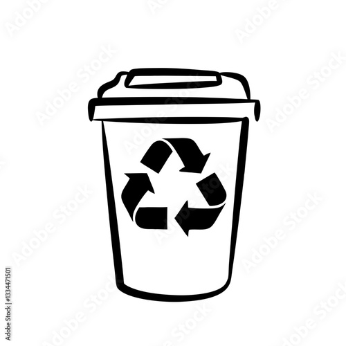 Black recycling bin silhouette with recycling symbol on white background for waste management concept