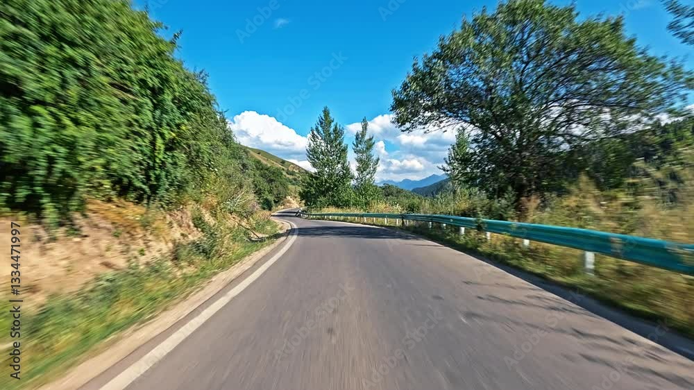 Driving car on asphalt road through green trees. Beautiful country road scenery in summer. Driving car on asphalt road through green trees. Beautiful country road scenery in summer.