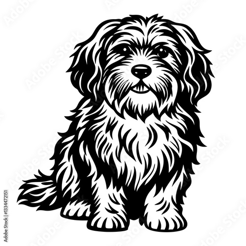 an adorable and detailed illustration of a fluffy dog sitting gracefully, captivating the viewer with its innocent gaze