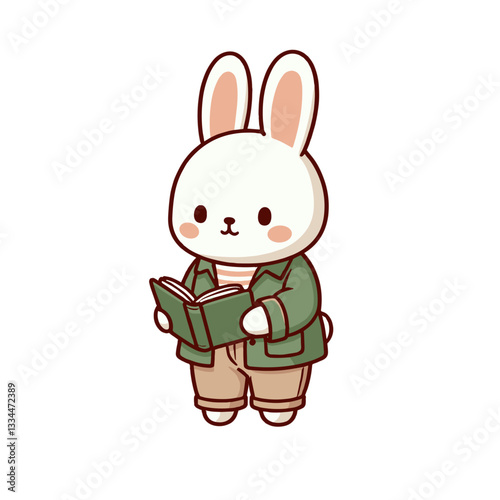 Scholarly bunny reading book in green cardigan. Vector illustration ideal for education themes, literature appreciation, and intellectual pursuits content.
