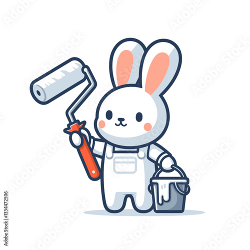 Professional painter bunny with roller and paint bucket. Vector illustration perfect for home renovation, decoration services, and interior design concepts.
