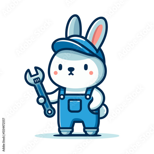 Mechanic bunny with wrench in blue overalls. Vector illustration ideal for auto repair, maintenance services, and technical support concepts.