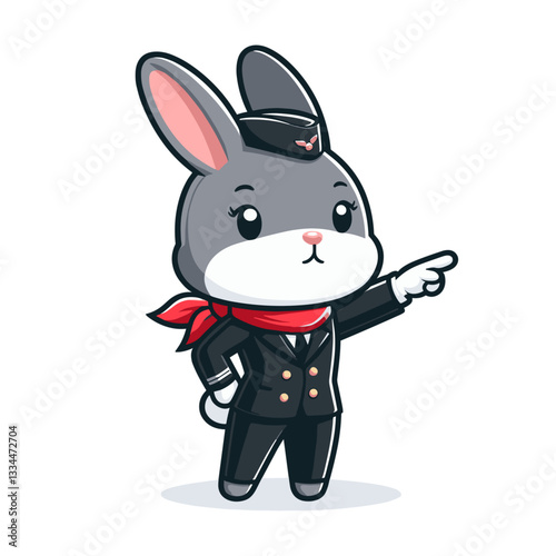 Rabbit flight attendant in a uniform pointing with a friendly expression on a transparent background
