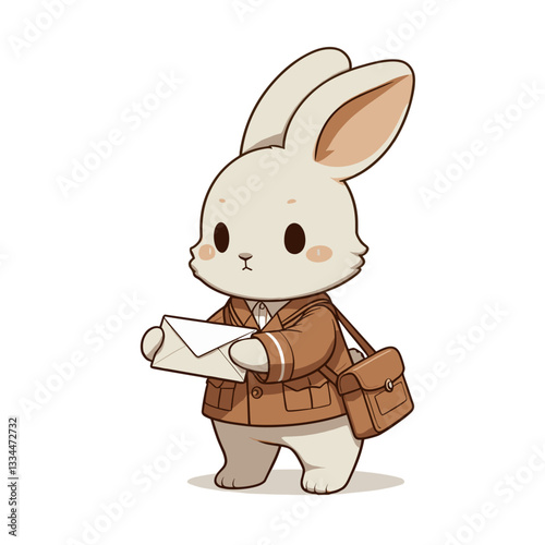 Mail carrier bunny with letter and brown messenger bag. Vector illustration for postal service and message delivery themes.