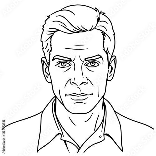 a serious portrait of a man with a stoic expression. The black and white illustration features a detailed line art style vector illustration