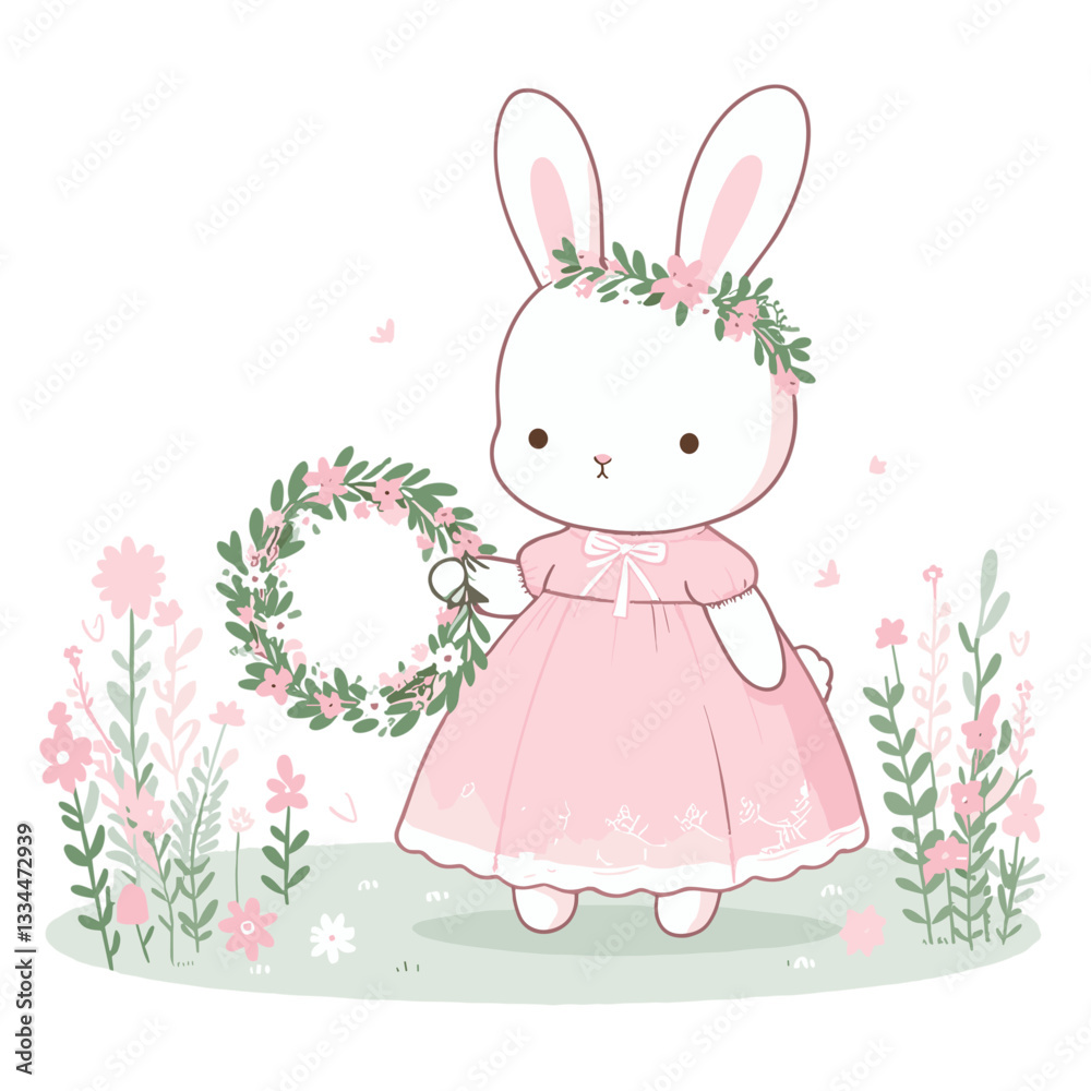 Obraz premium Spring bunny in pink dress with flower crown. Vector illustration for seasonal celebrations and garden party themes.
