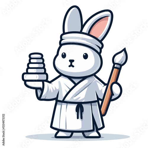 Ancient artist rabbit in white toga with paintbrush. Great for classical art history, traditional painting techniques or cultural heritage illustrations.