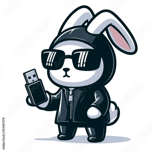 Cute cartoon bunny secret agent in black leather jacket with USB drive. Vector illustration ideal for cyber security, data protection, or espionage themed concept designs.