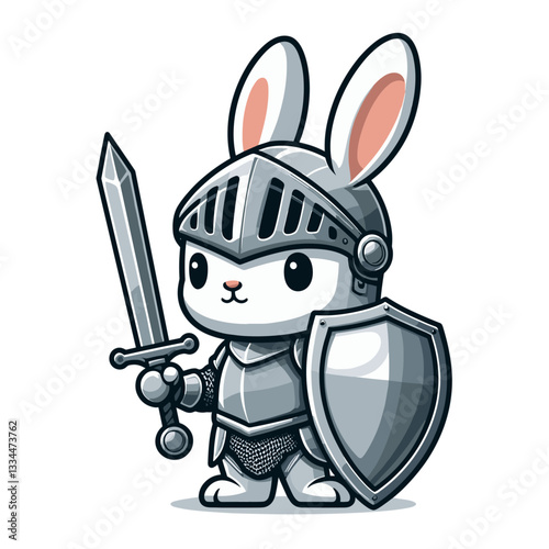 Cartoon bunny knight in silver armor with sword and shield. Vector illustration perfect for medieval fantasy, heroic tales, or historical warrior concept designs.
