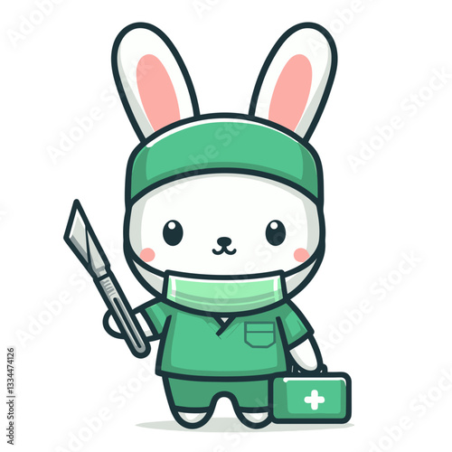 Surgeon bunny in green scrubs with medical tools on transparent background. Vector illustration perfect for healthcare services, medical procedures, or surgical specialties educational content.