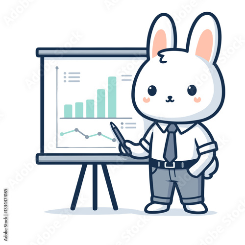 Business analyst bunny presenting charts on whiteboard on transparent background. Vector illustration perfect for data visualization, corporate presentations, or business strategy concepts.