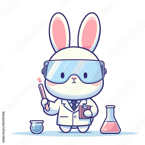 Scientist bunny in lab coat with test tubes on transparent background. Vector illustration ideal for research concepts, laboratory work, or scientific discovery educational materials.