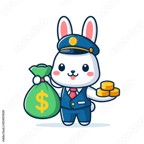 Bank teller bunny with money bag and coins in blue uniform. Vector illustration ideal for financial services, banking operations, and currency management concepts.