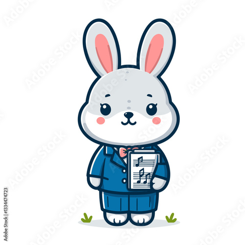 Choir bunny in blue uniform holding music sheet. Vector illustration for performance arts and musical education concepts.