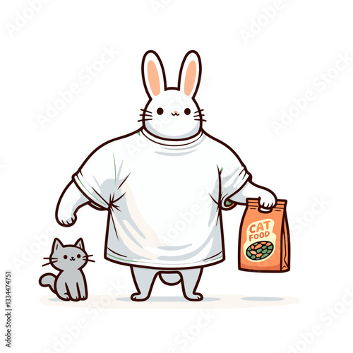 Shopping bunny with grocery bag and pet cat. Vector illustration for everyday errands and companion animal relationships.