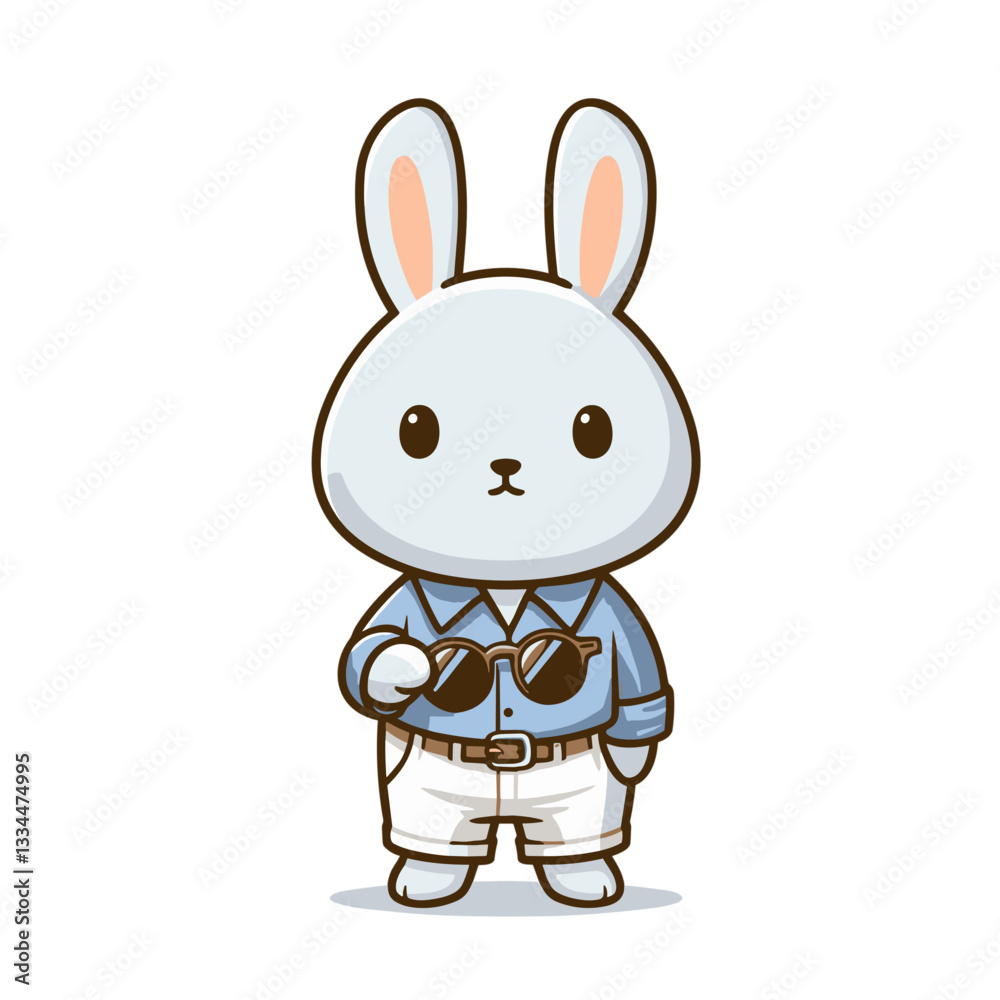 Obraz premium Resourceful cartoon adventurer rabbit in light outfit with tools. Perfect for exploration themes, outdoor adventure stories or survival skill educational materials.
