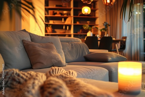 Close up on a comfortable grey sofa with soft pillows and a knitted blanket in a warm and inviting living room at night